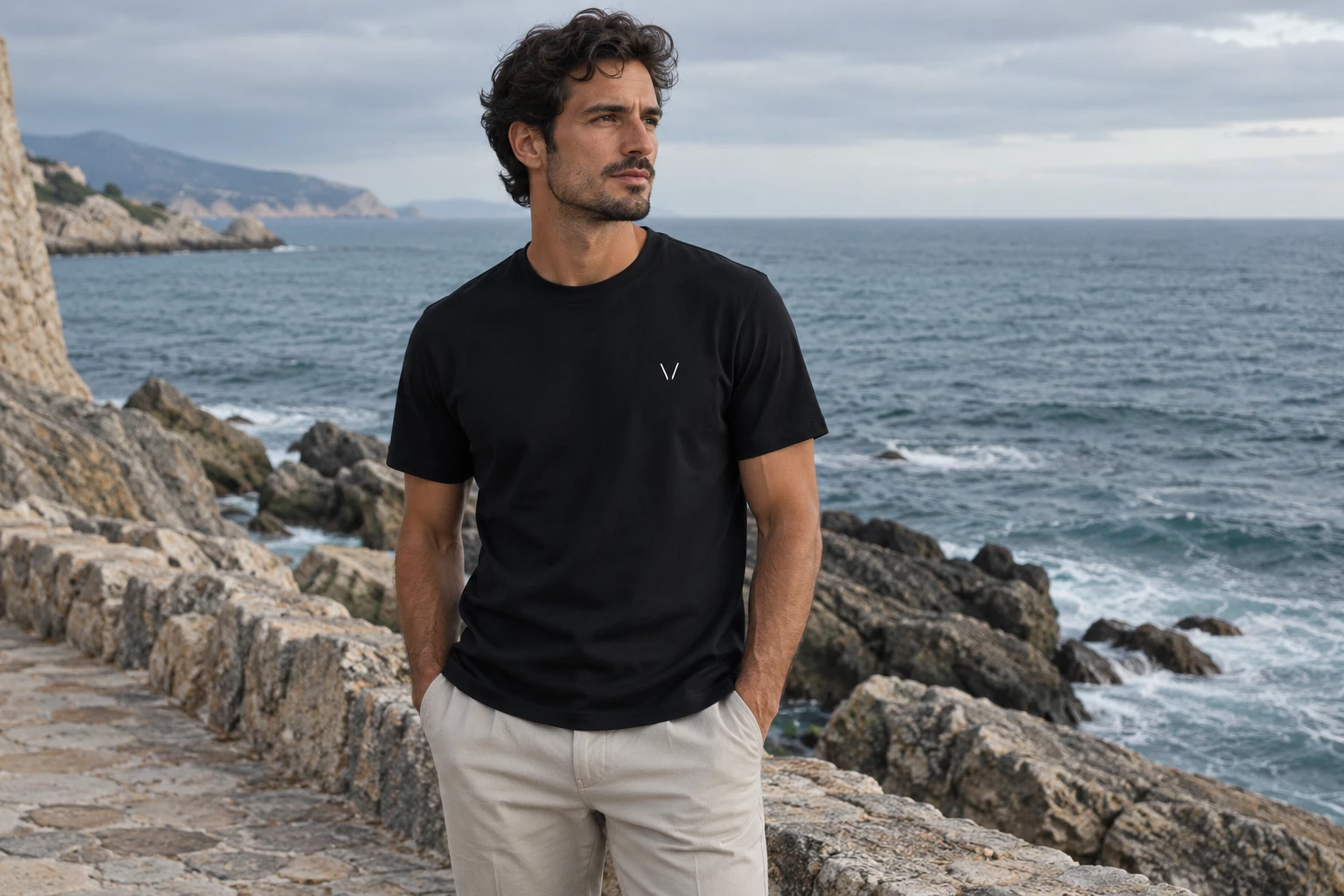 Valerisc Ink cotton tee in a coastal setting